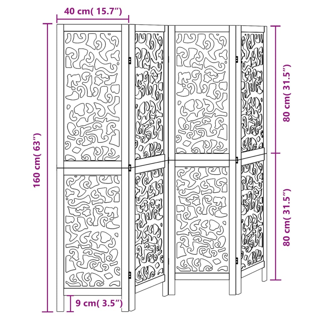 vidaXL Biombo separador de 4 paneles madera maciza Paulownia negro