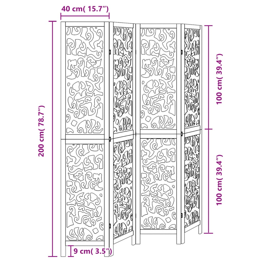 vidaXL Biombo separador de 4 paneles madera maciza Paulownia negro