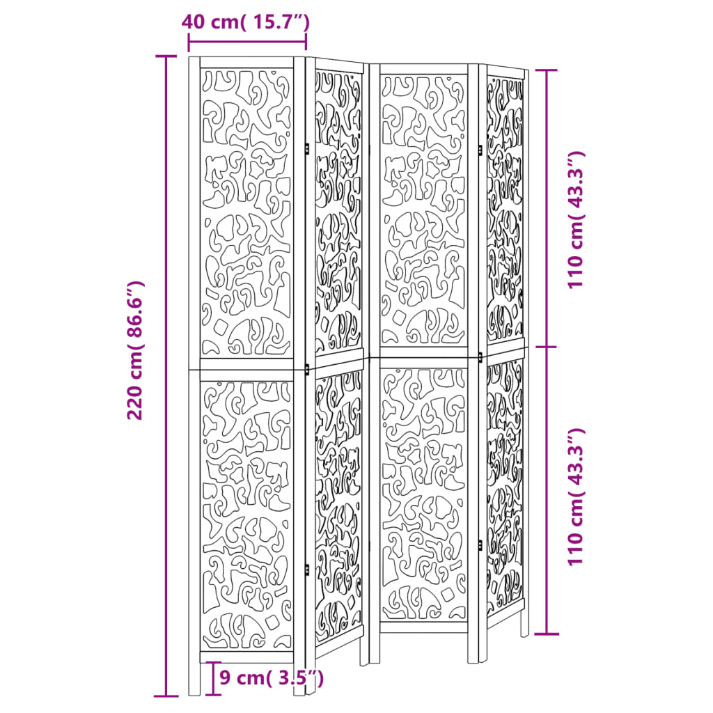 vidaXL Biombo separador de 4 paneles madera maciza Paulownia negro