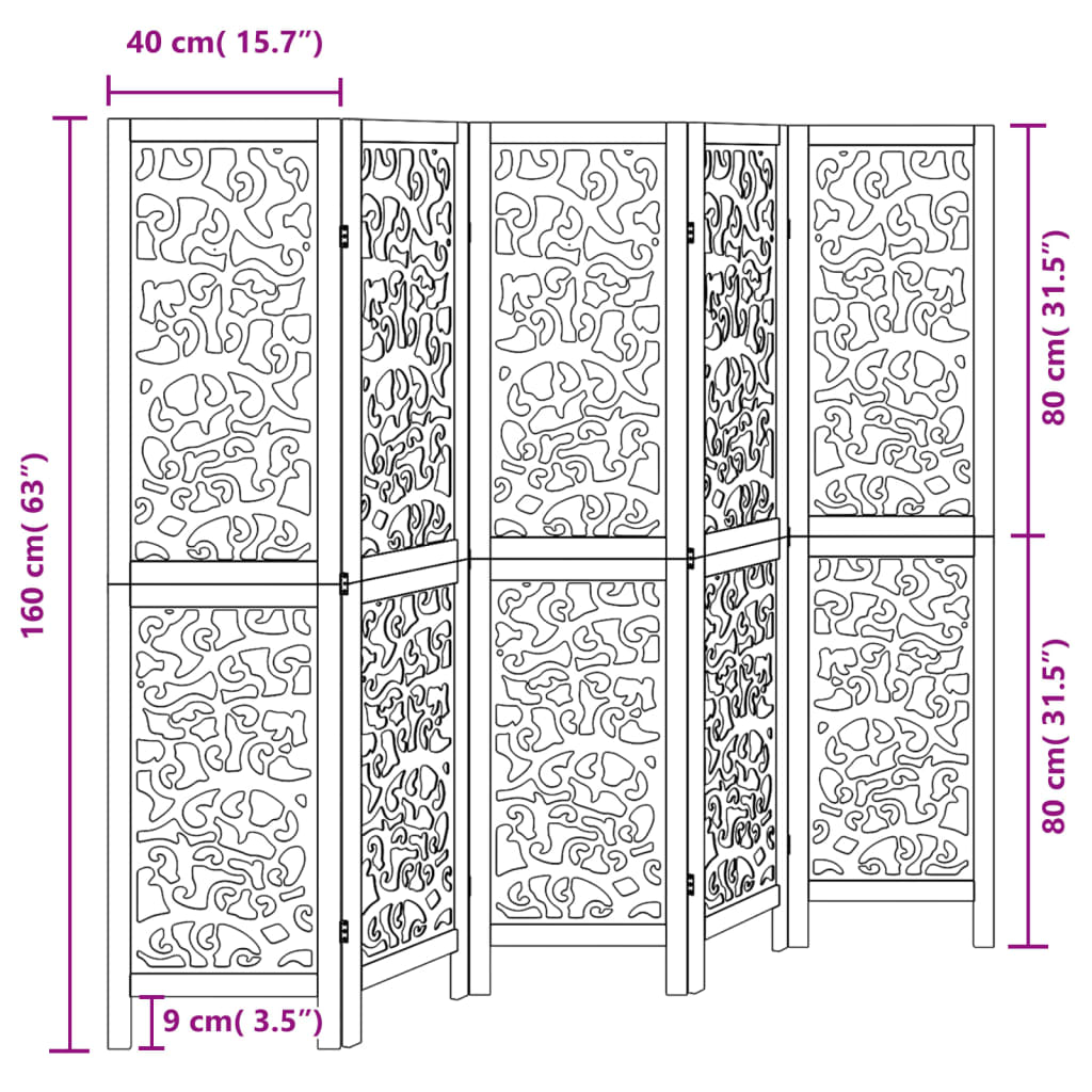 vidaXL Biombo separador de 5 paneles madera maciza Paulownia negro