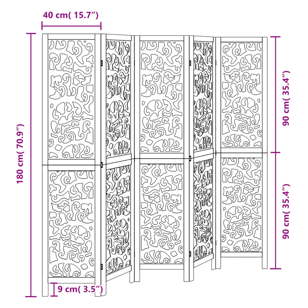 vidaXL Biombo separador de 5 paneles madera maciza Paulownia negro