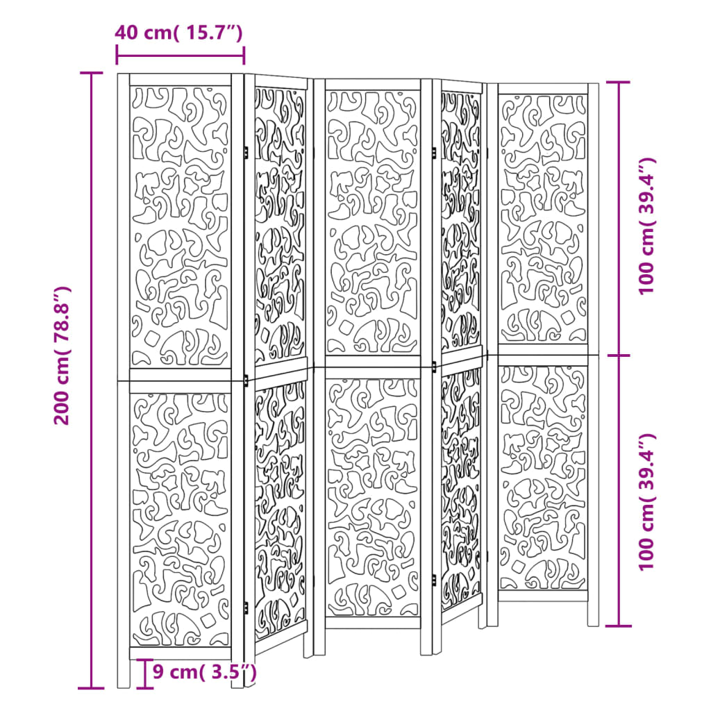 vidaXL Biombo separador de 5 paneles madera maciza Paulownia negro