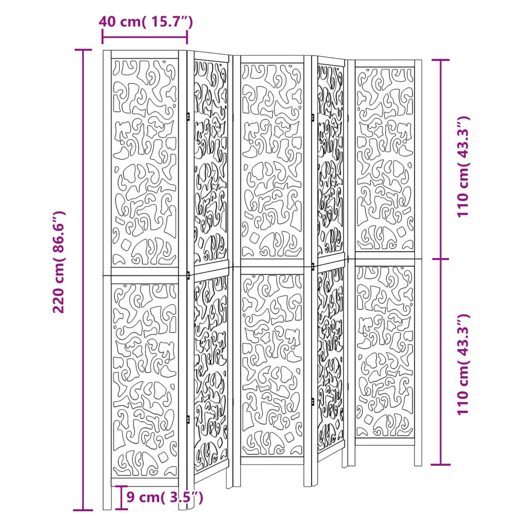 vidaXL Biombo separador de 5 paneles madera maciza Paulownia negro