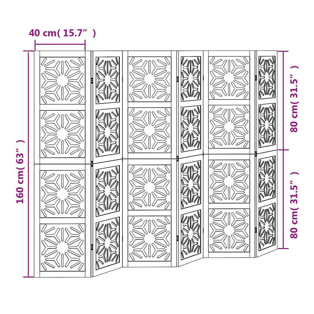 vidaXL Biombo separador 6 paneles madera maciza Paulownia marrón negro