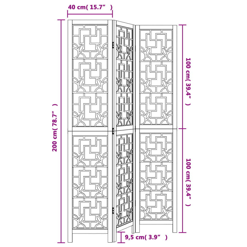 vidaXL Biombo separador de 3 paneles madera maciza paulownia marrón