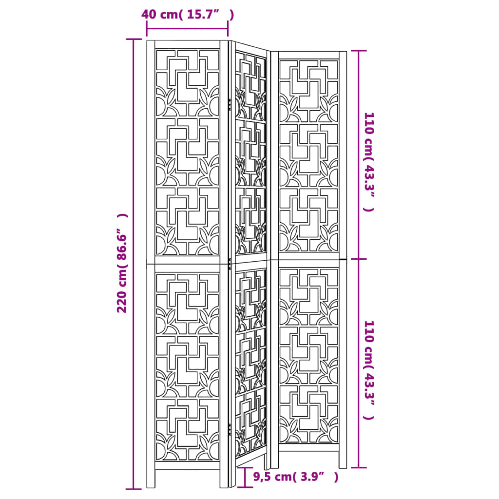 vidaXL Biombo separador de 3 paneles madera maciza paulownia marrón