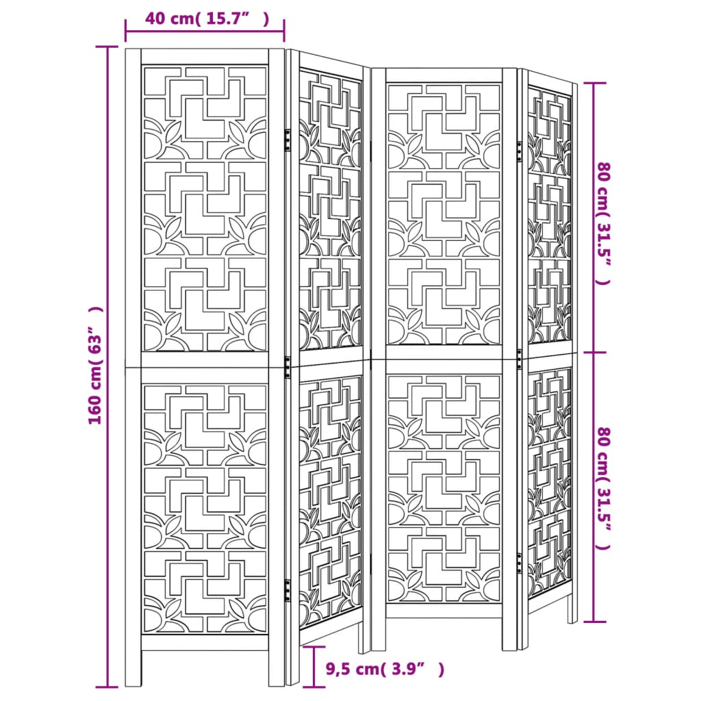 vidaXL Biombo separador de 4 paneles madera maciza paulownia marrón