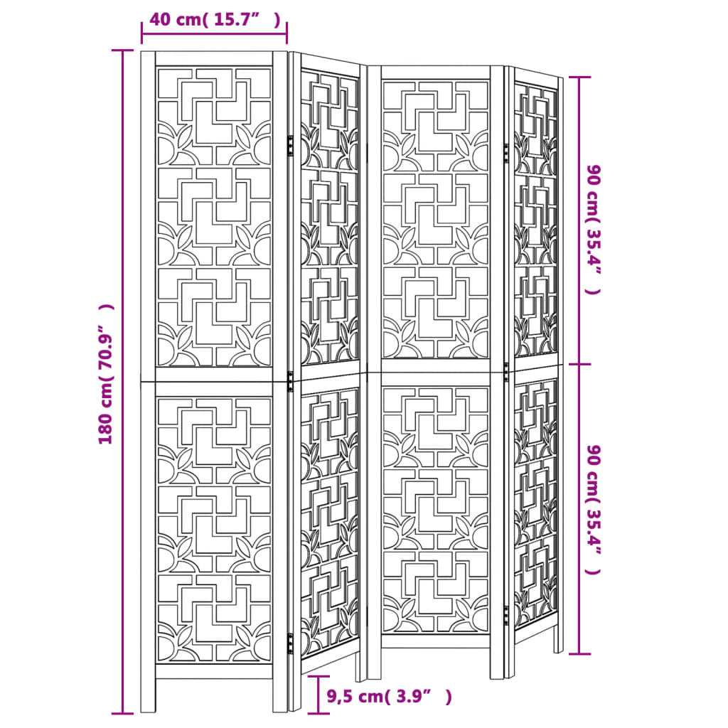 vidaXL Biombo separador de 4 paneles madera maciza paulownia marrón