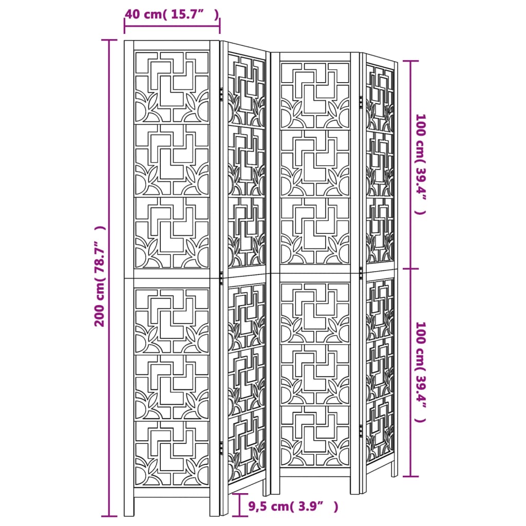 vidaXL Biombo separador de 4 paneles madera maciza paulownia marrón