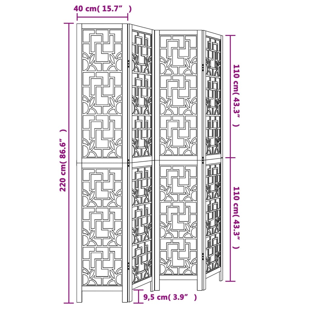 vidaXL Biombo separador de 4 paneles madera maciza paulownia marrón