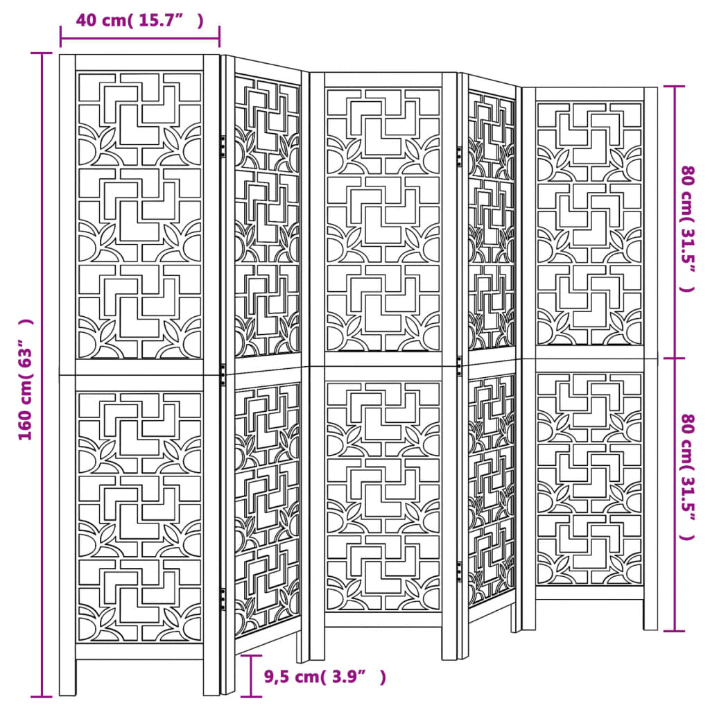 vidaXL Biombo separador de 5 paneles madera maciza paulownia marrón