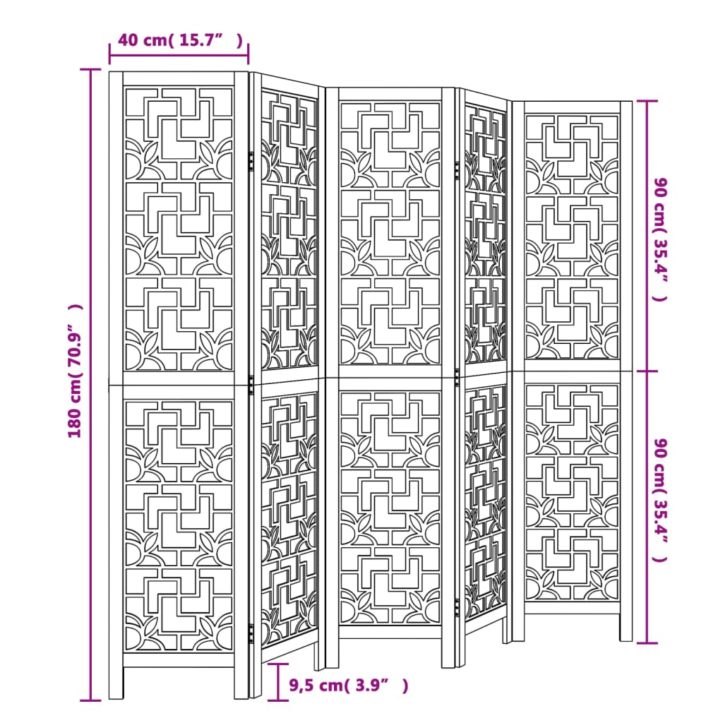 vidaXL Biombo separador de 5 paneles madera maciza paulownia marrón