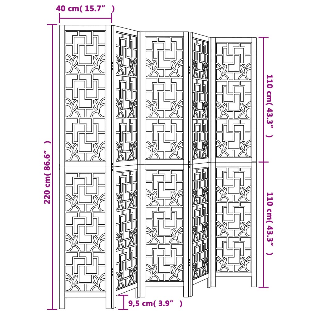 vidaXL Biombo separador de 5 paneles madera maciza paulownia marrón