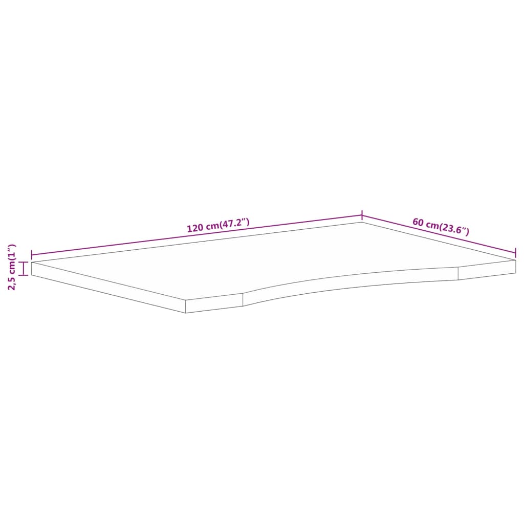 vidaXL Tablero escritorio con curva madera mango rugosa 120x60x2,5 cm