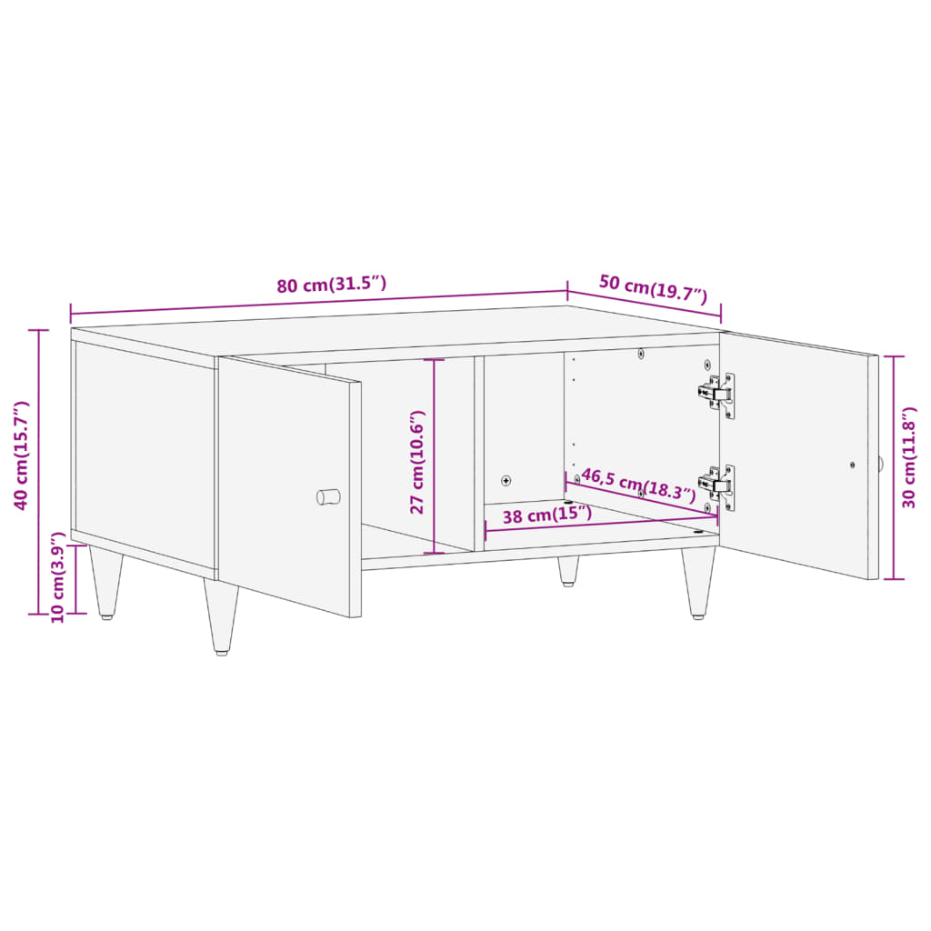 vidaXL Mesa de centro de madera maciza de mango 80x50x40 cm