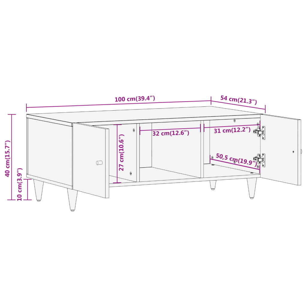 vidaXL Mesa de centro de madera maciza mango 100x54x40 cm