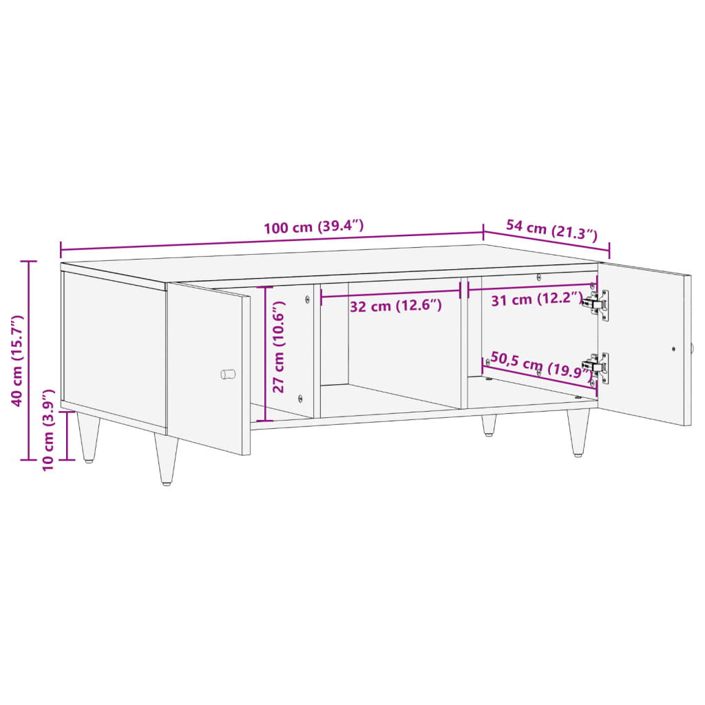 vidaXL Mesa de centro de madera maciza mango 100x54x40 cm