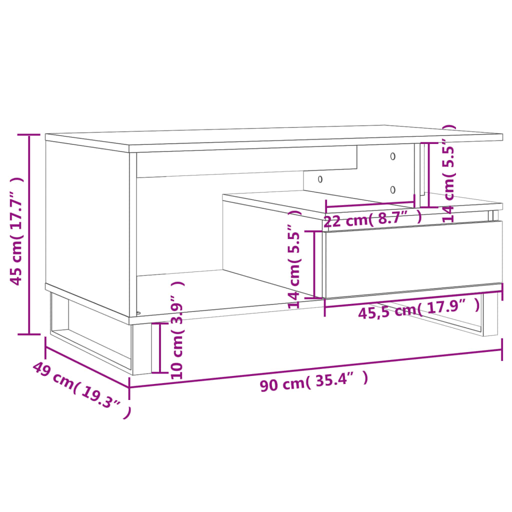 vidaXL Mesa de centro madera contrachapada gris Sonoma 90x49x45 cm