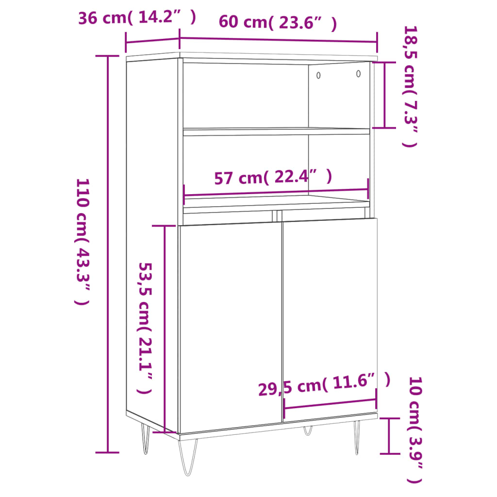 vidaXL Aparador alto madera contrachapada negro 60x36x110 cm