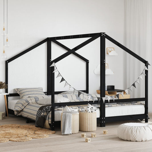 vidaXL Estructura de cama para niños madera pino negro 2x(90x200) cm