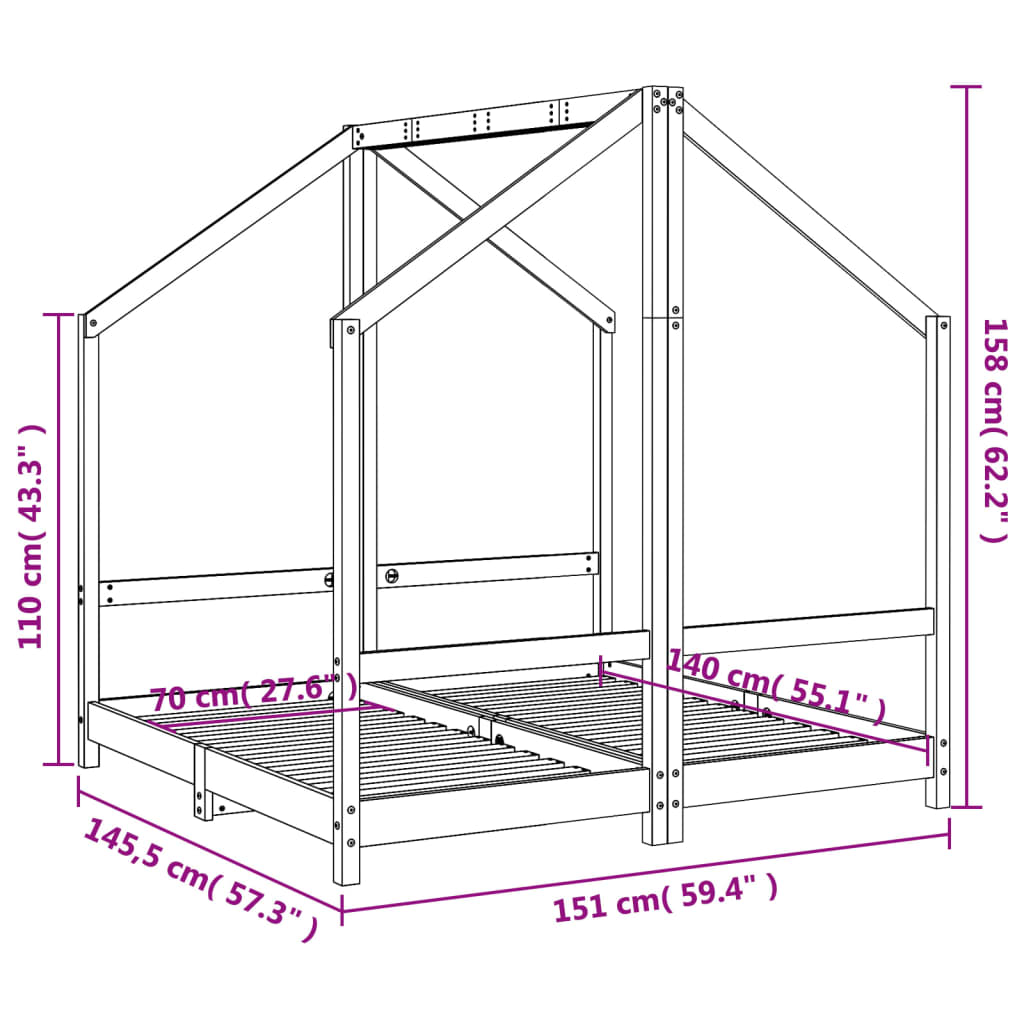 vidaXL Estructura de cama de niños madera de pino negro 2x(70x140) cm