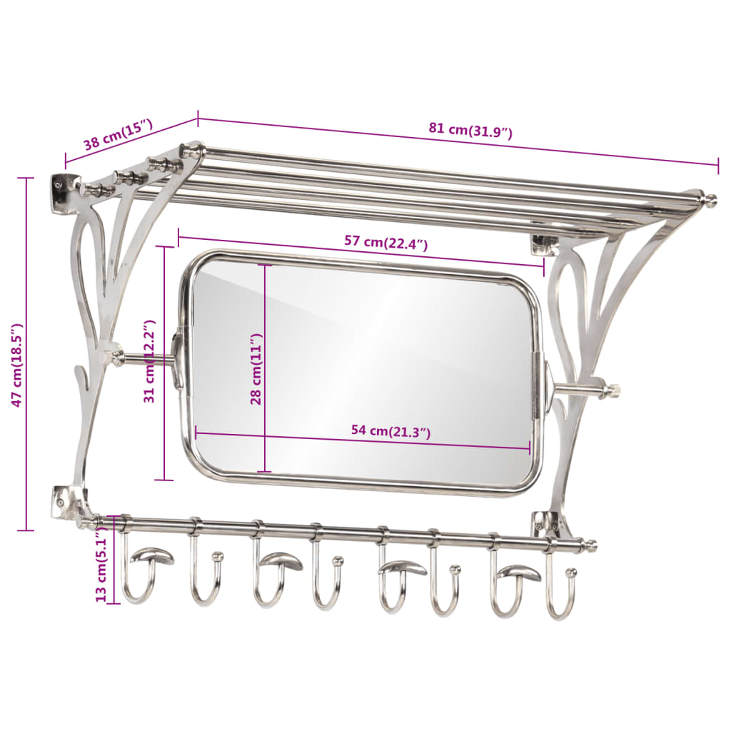 vidaXL Soporte de equipaje con perchas y espejo de pared aluminio