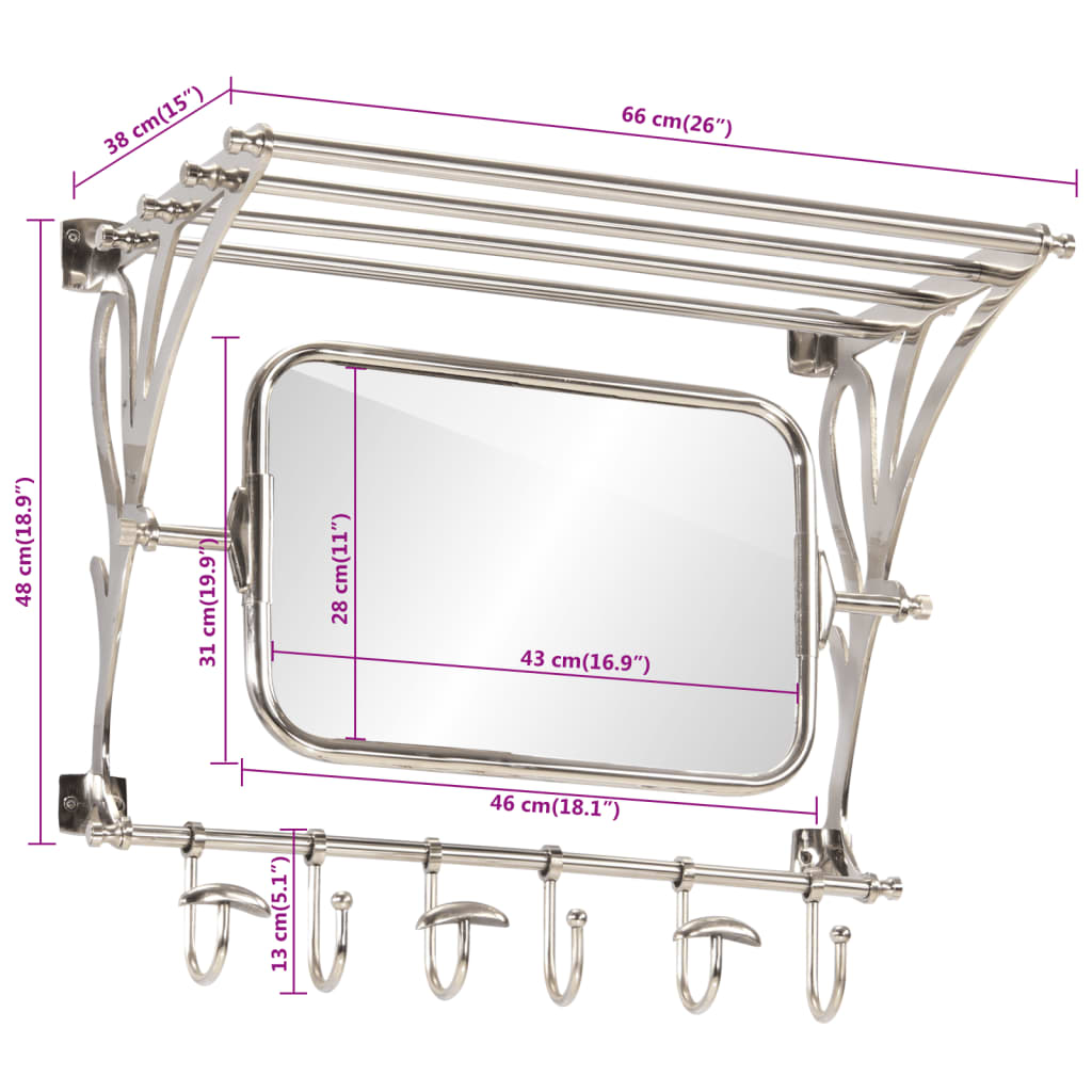 vidaXL Soporte de equipaje con perchas y espejo de pared aluminio