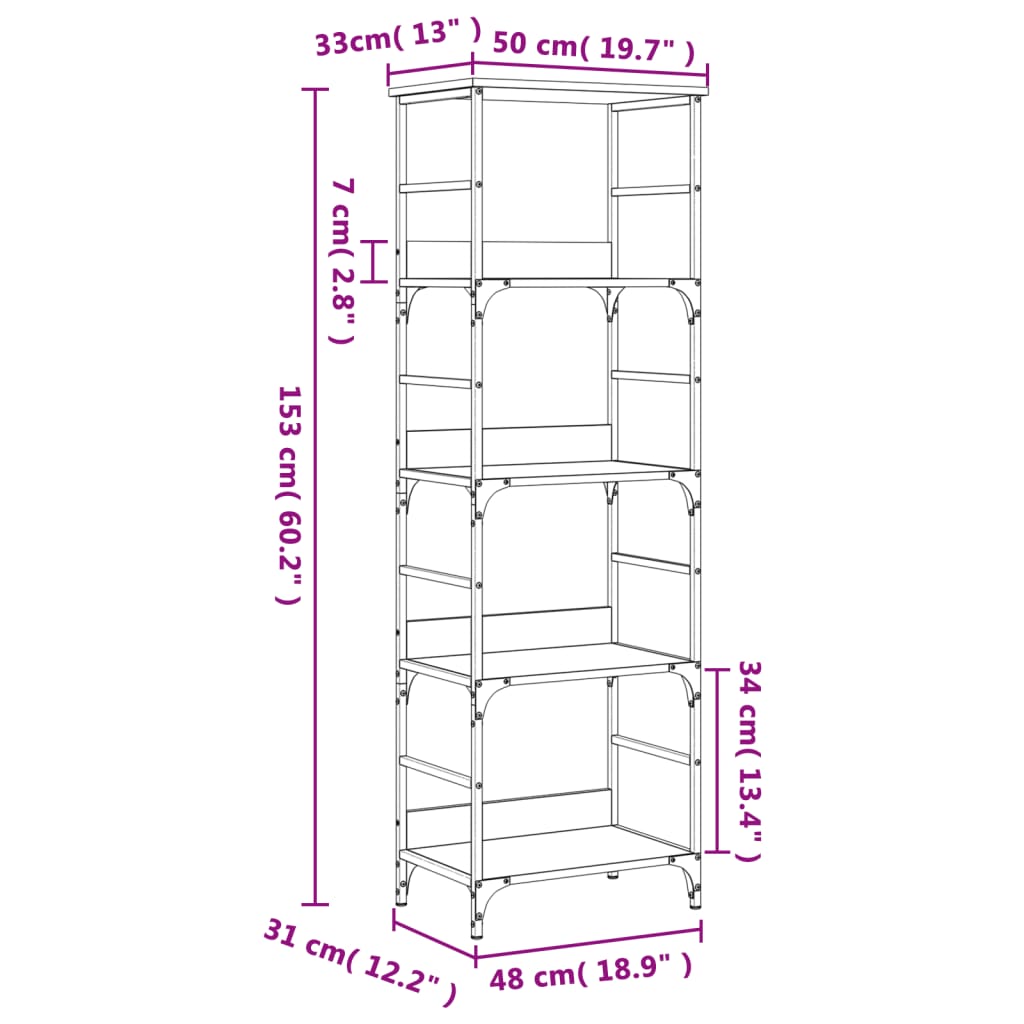 vidaXL Estantería de madera de ingeniería gris Sonoma 50x33x153 cm