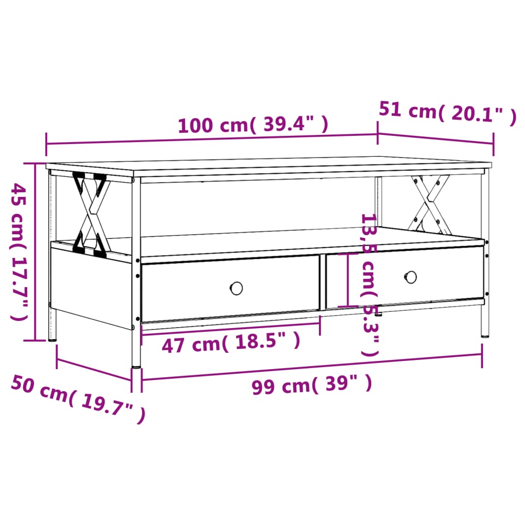 vidaXL Mesa de centro madera de ingeniería negro 100x51x45 cm