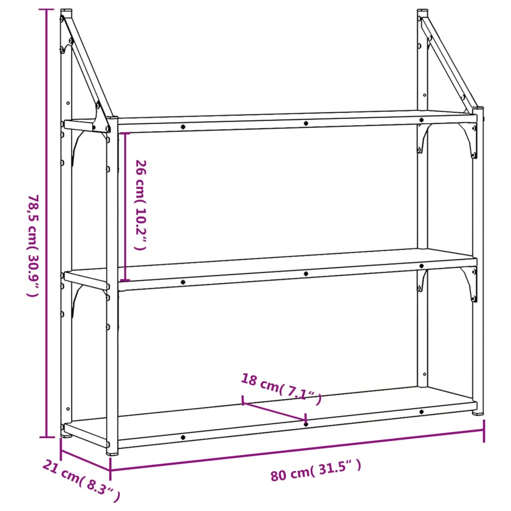 vidaXL Estantería pared 3 niveles madera ingeniería negro 80x21x78,5cm