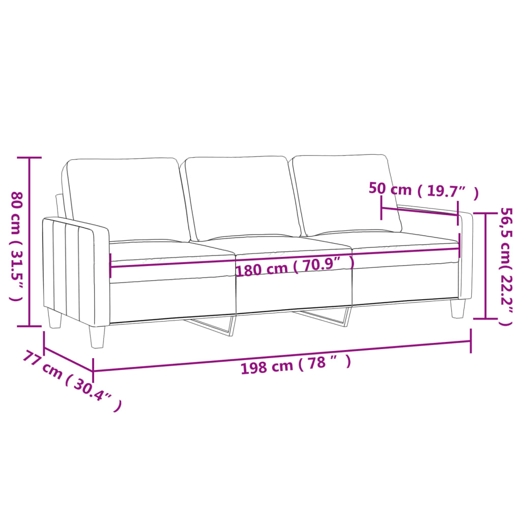 vidaXL Sofá de 3 plazas de cuero sintético negro 180 cm