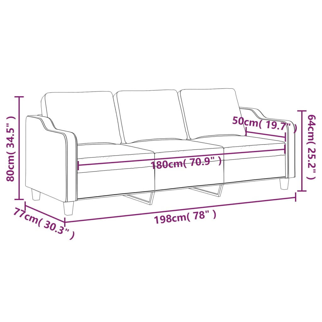 vidaXL Sofá de 3 plazas de tela negro 180 cm