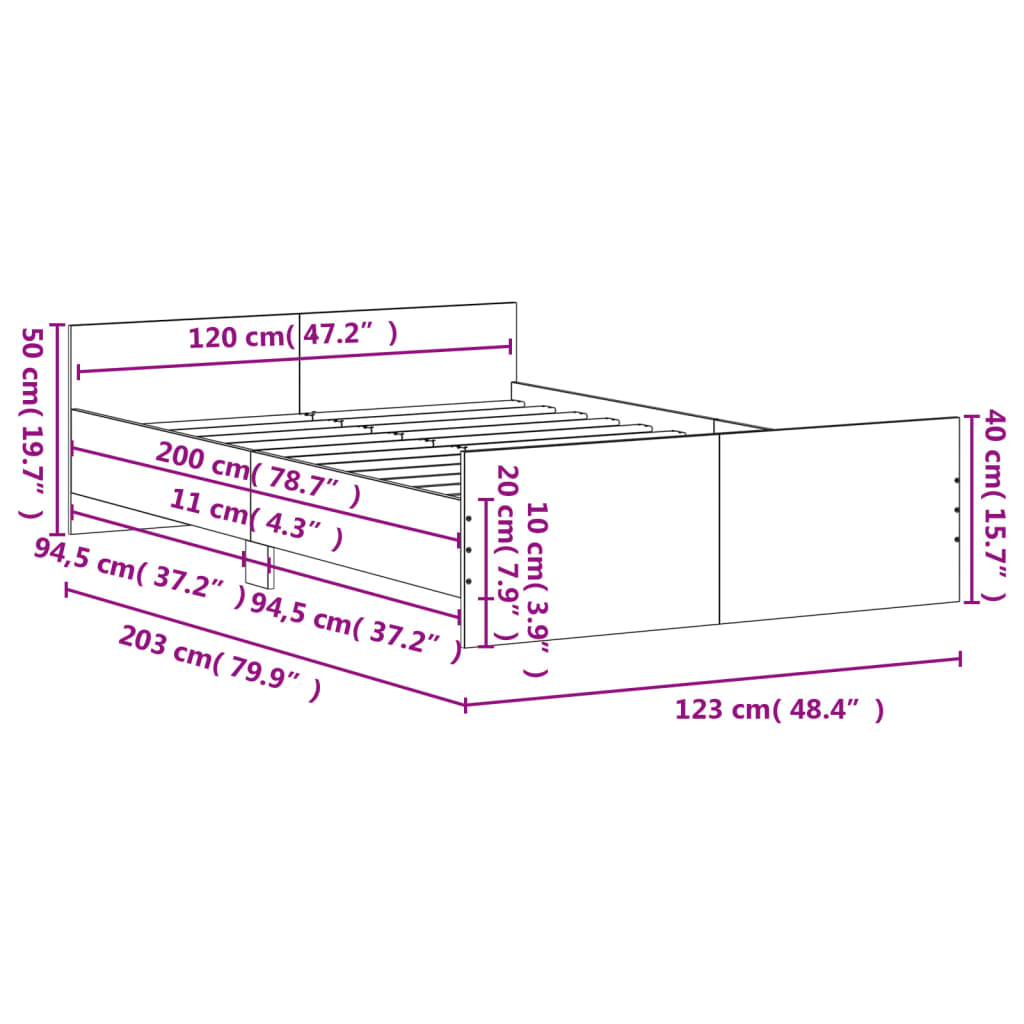 vidaXL Estructura de cama con cabecero piecero negro 120x200 cm