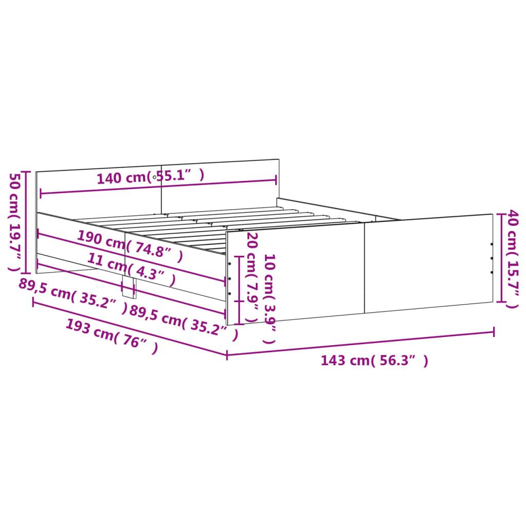 vidaXL Estructura de cama con cabecero y piecero negro 140x190 cm