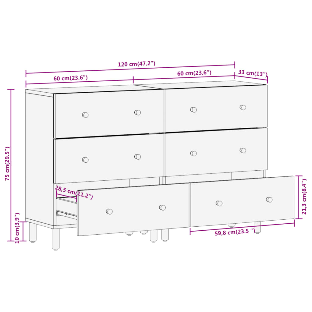 vidaXL Armarios auxiliares 2 pzas madera maciza mango negro 60x33x75cm