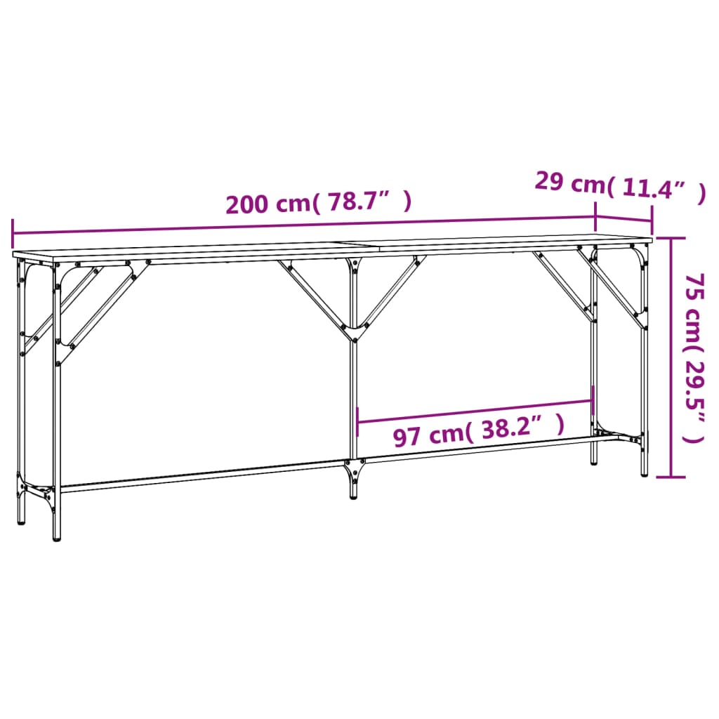 vidaXL Mesa consola madera de ingeniería negra 200x29x75 cm