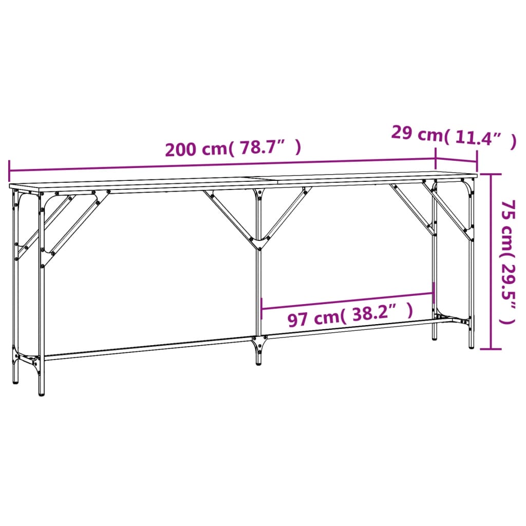 vidaXL Mesa consola madera de ingeniería gris Sonoma 200x29x75 cm