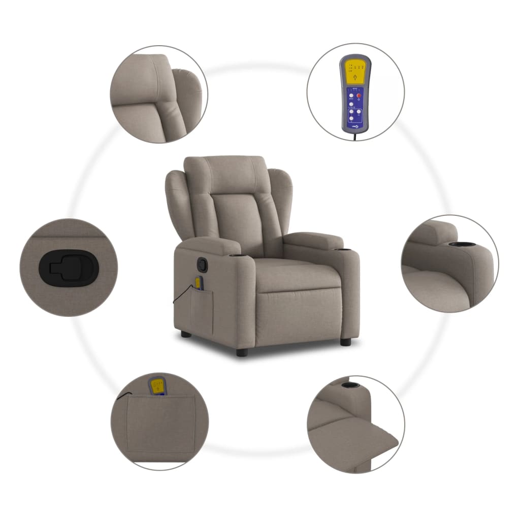 vidaXL Sillón de masaje reclinable de tela gris taupé