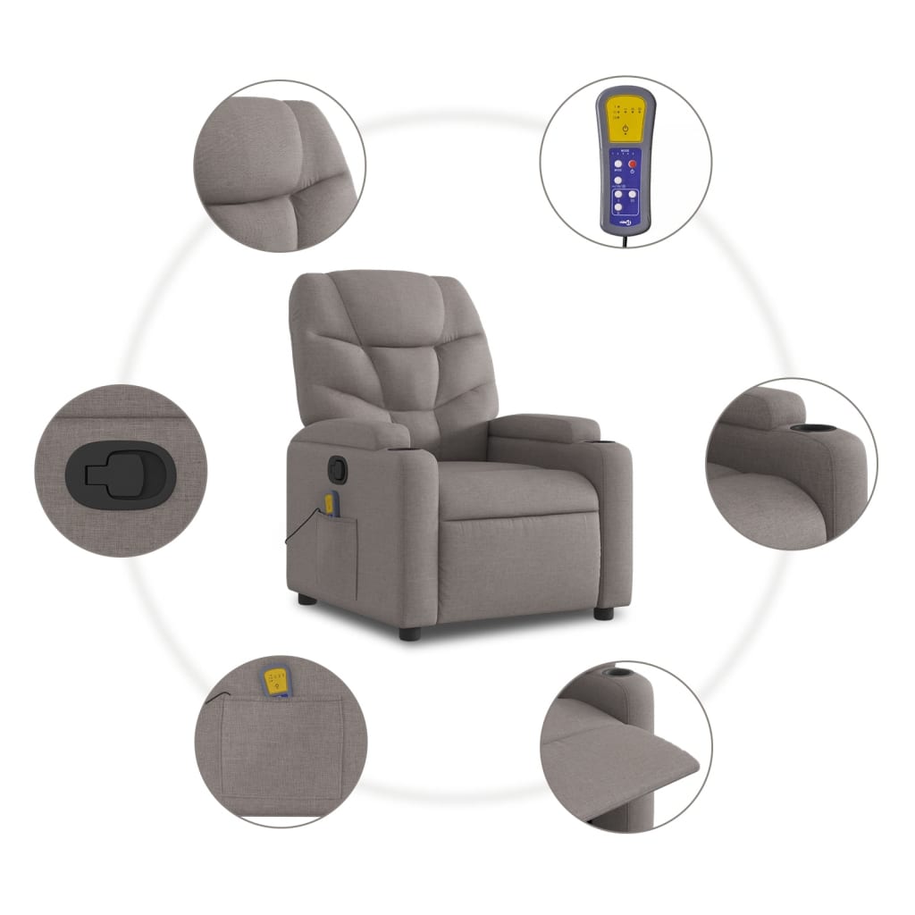 vidaXL Sillón de masaje reclinable de tela gris taupé