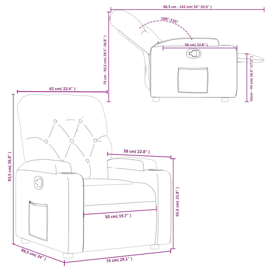 vidaXL Sillón reclinable de tela crema