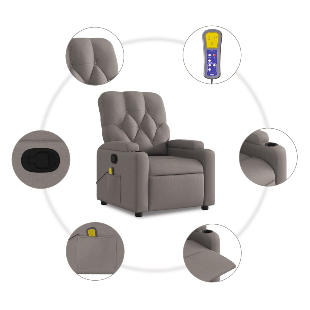 vidaXL Sillón de masaje reclinable de tela gris taupé