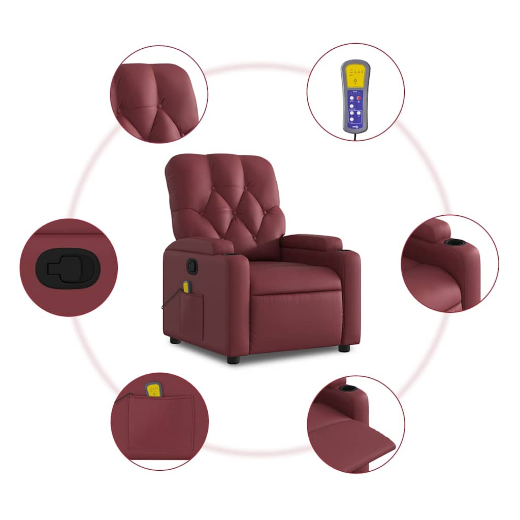 vidaXL Sillón de masaje reclinable cuero sintético rojo tinto