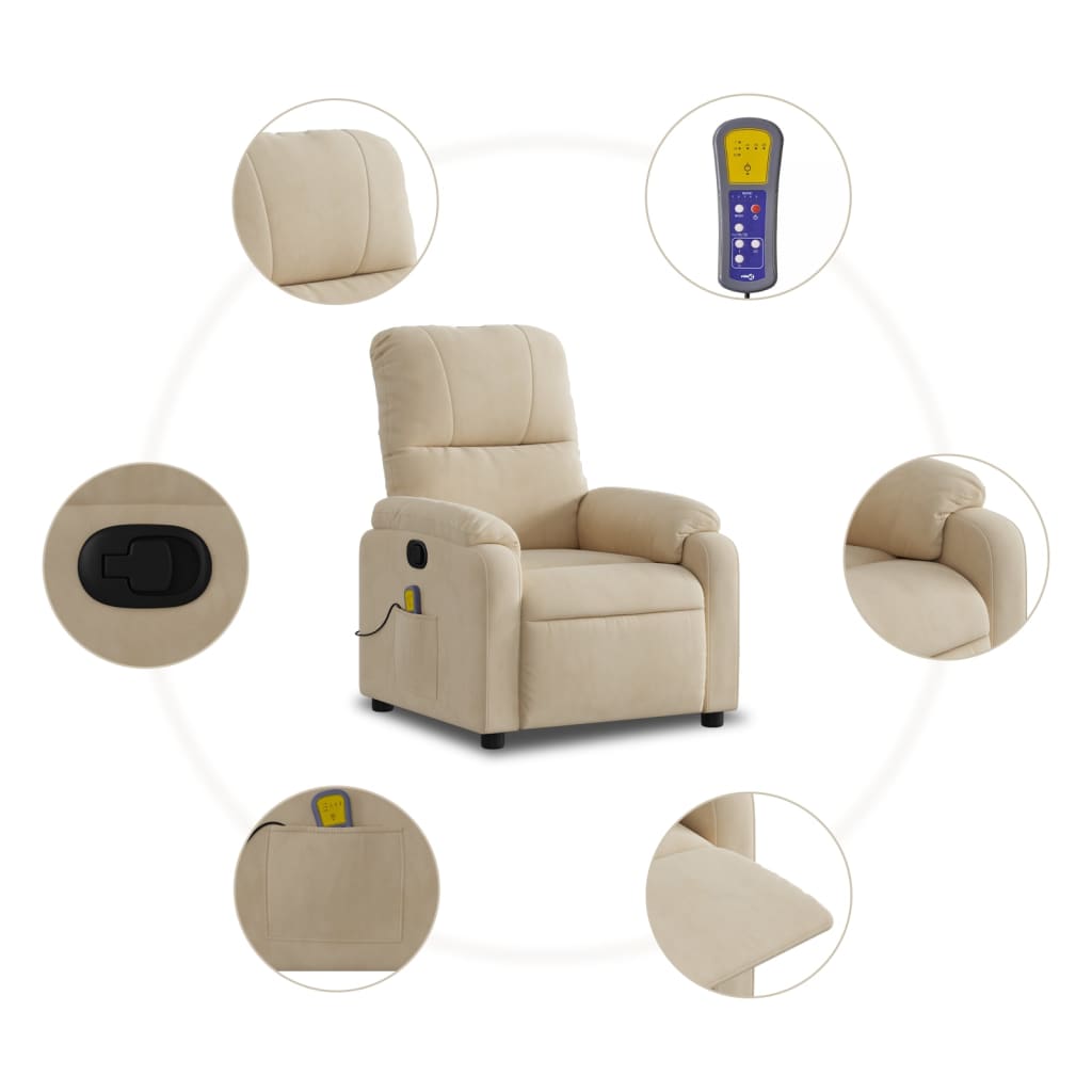 vidaXL Sillón reclinable de masaje tela de microfibra color crema