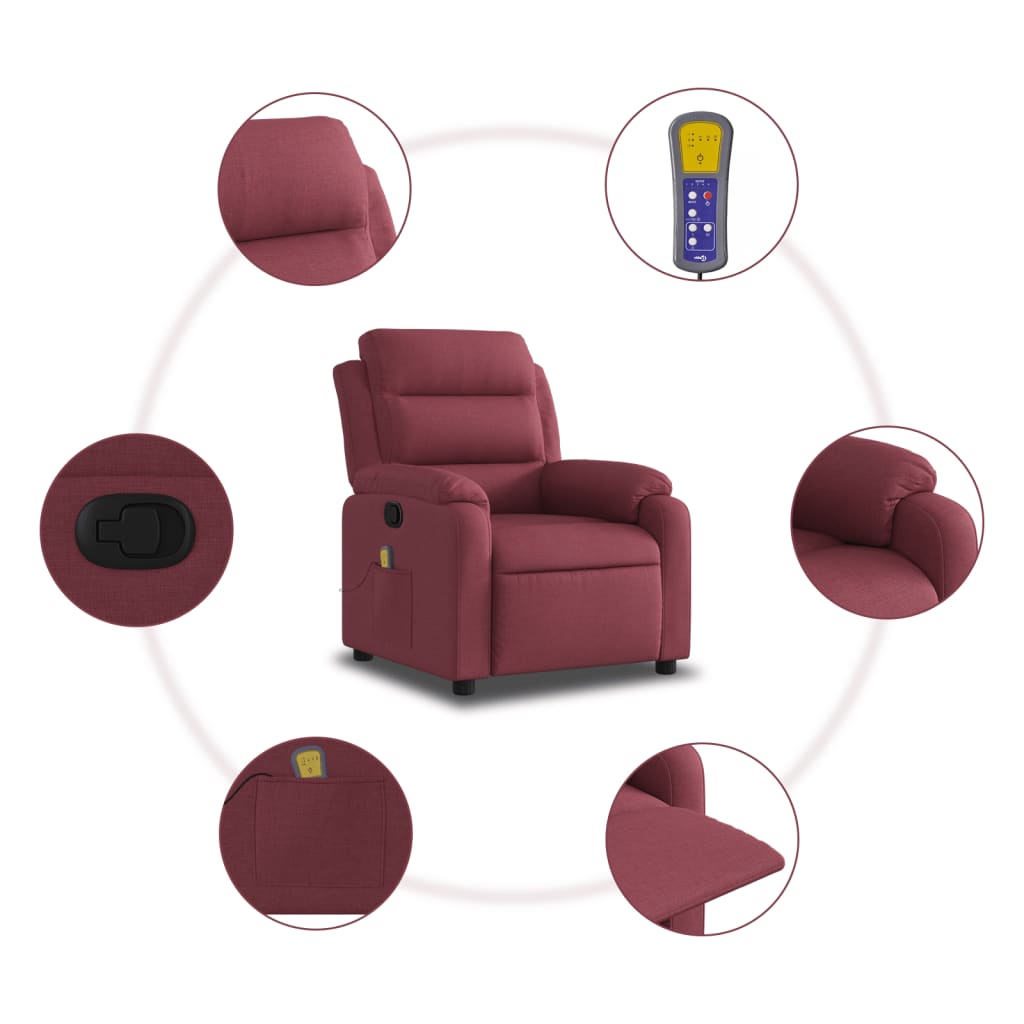 vidaXL Sillón de masaje reclinable de tela color vino tinto