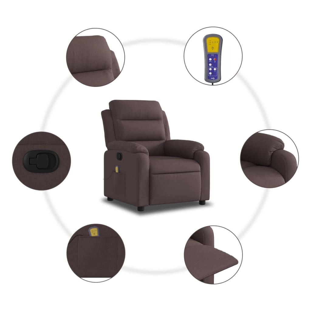 vidaXL Sillón de masaje reclinable de tela marrón oscuro