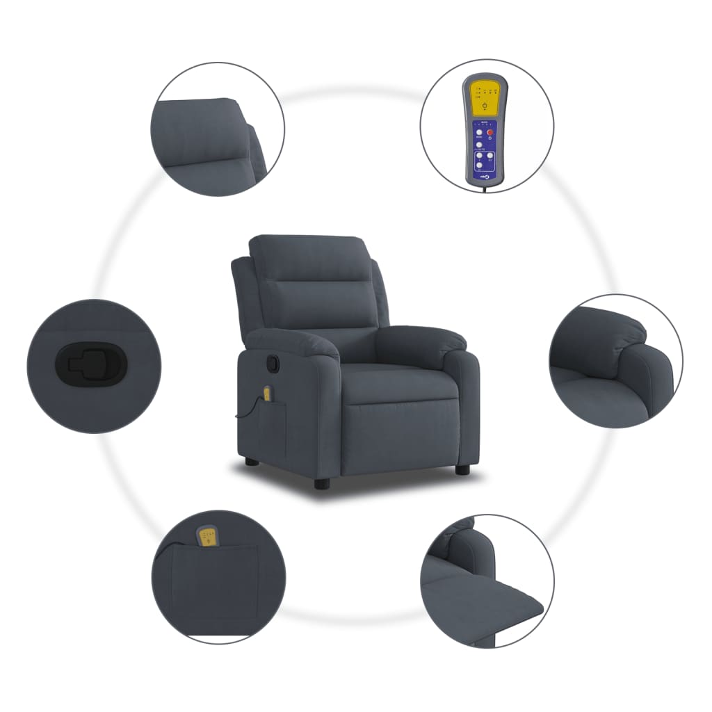 vidaXL Sillón de masaje reclinable de terciopelo gris oscuro