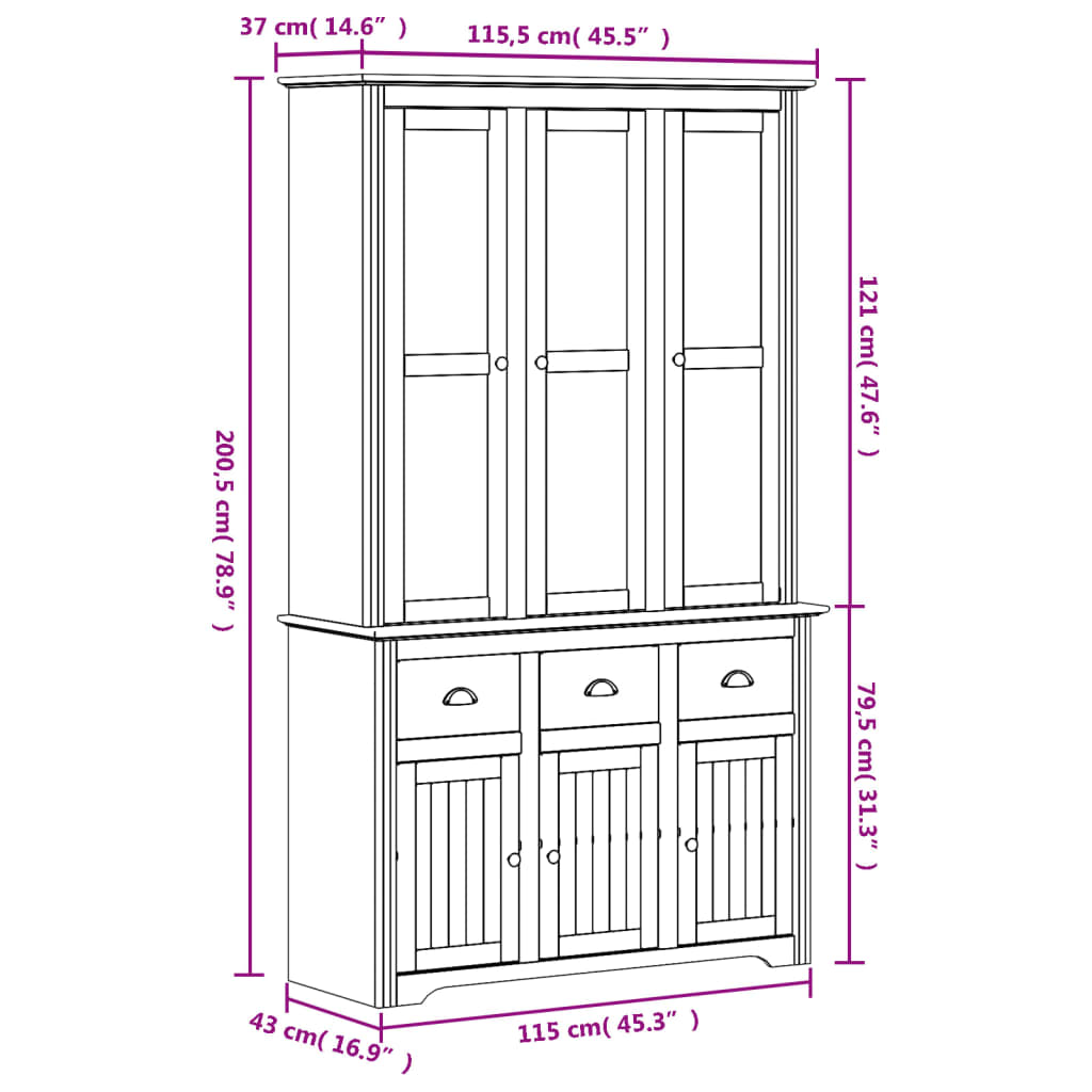 vidaXL Aparador alto BODO madera maciza pino blanco 115,5x43x200,5 cm