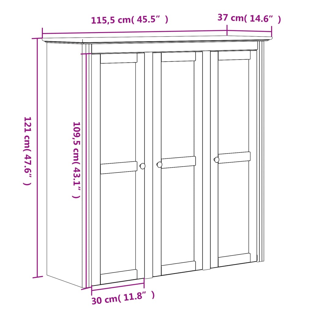 vidaXL Aparador alto BODO madera maciza pino blanco 115,5x43x200,5 cm