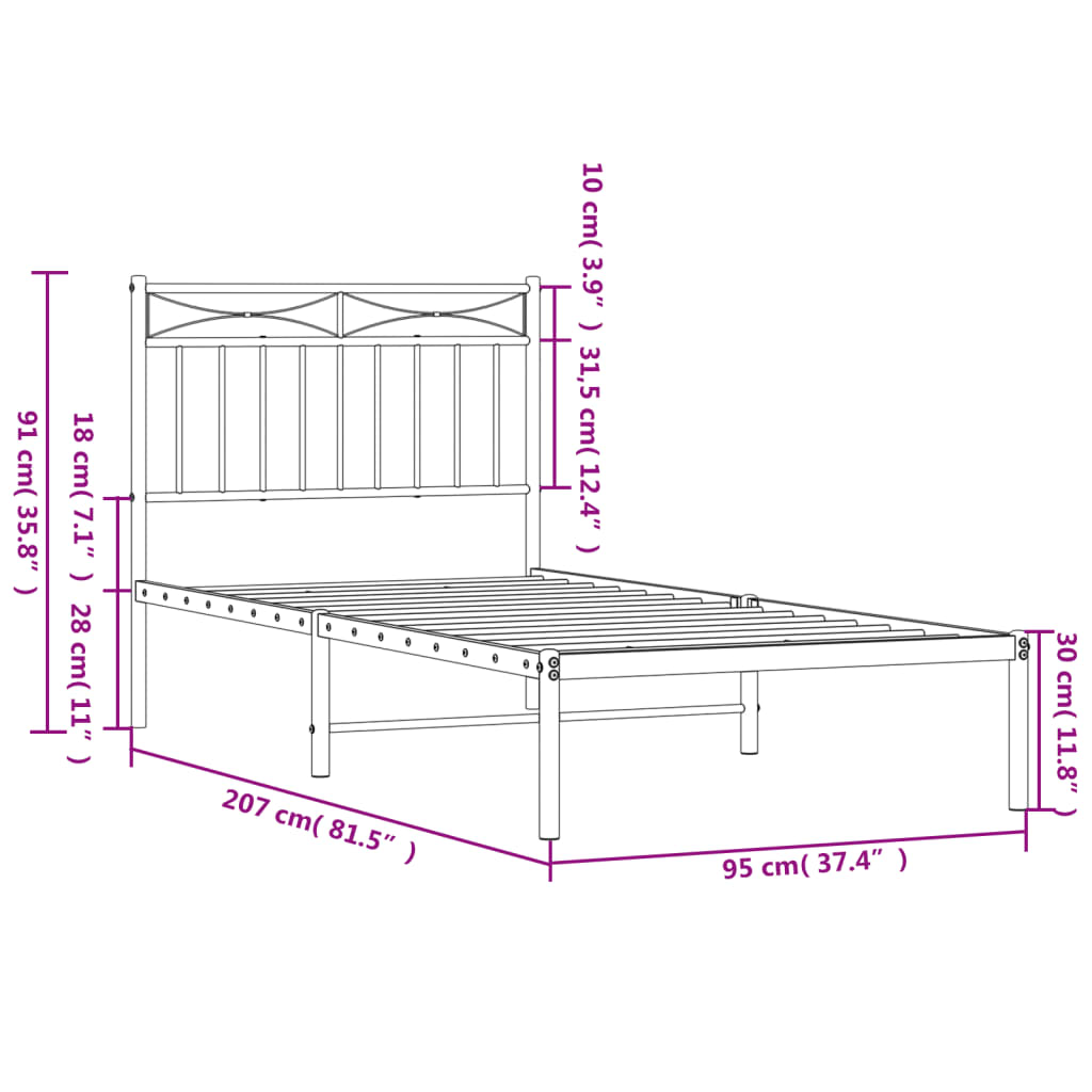 vidaXL Estructura cama sin colchón con cabecero metal negro 90x200 cm