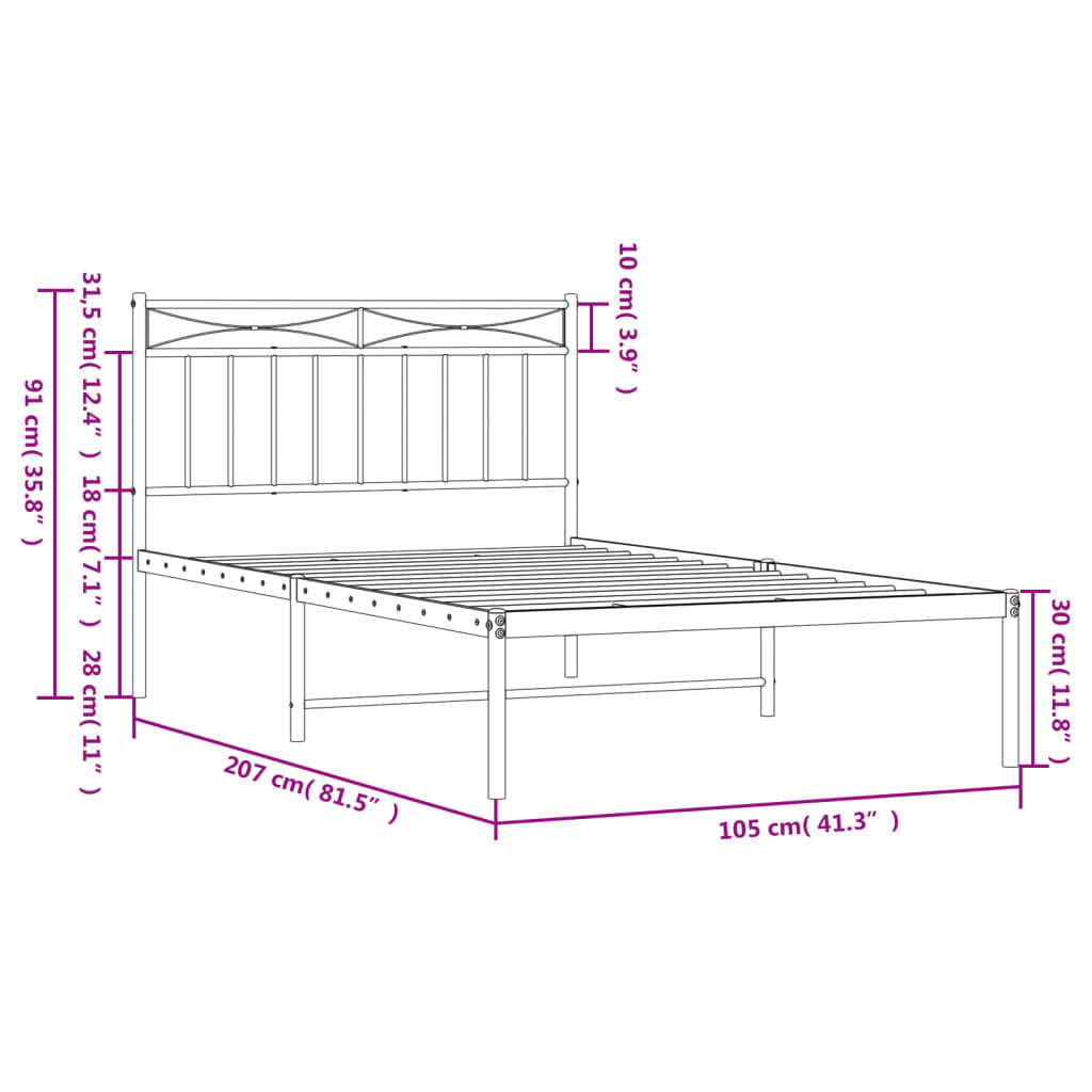 vidaXL Estructura cama sin colchón con cabecero metal negro 100x200 cm